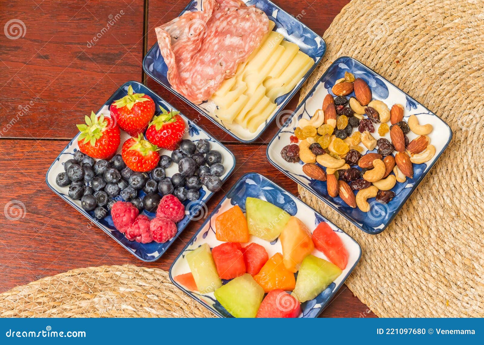 Healthy Breakfast with Fresh Fruit, Nuts and Cheese Stock Photo Image