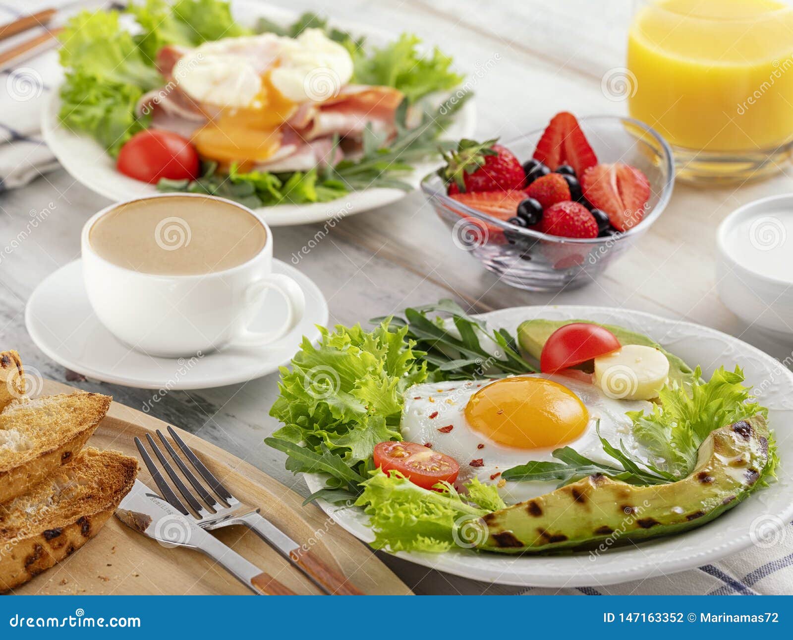 Healthy Breakfast with Fried Eggs, Avocado Stock Photo - Image of life