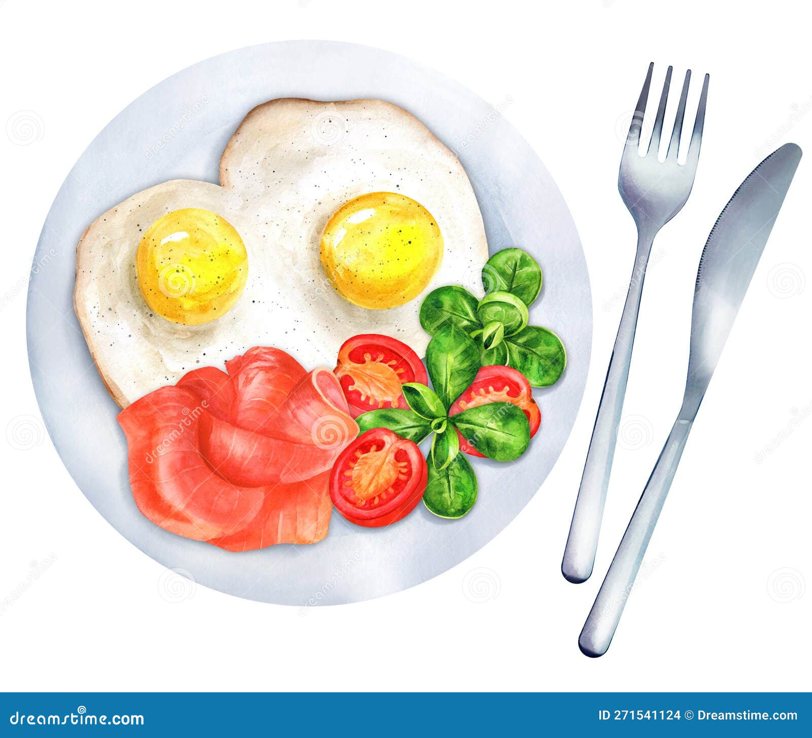 Healthy Breakfast with Fried Eggs and Salmon. Watercolor Illustration Stock  Illustration - Illustration of keto, restaurant: 271541124