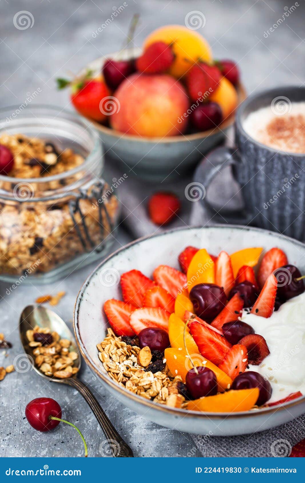 Breakfast with Granola, Yogurt, Fresh Berries and Coffee Stock Photo