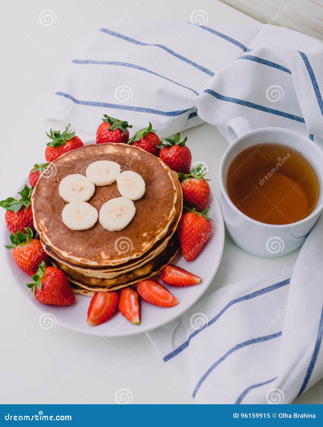 Healthy Breakfast. Pancakes with Strawberries, Bananas, Cup of Black ...