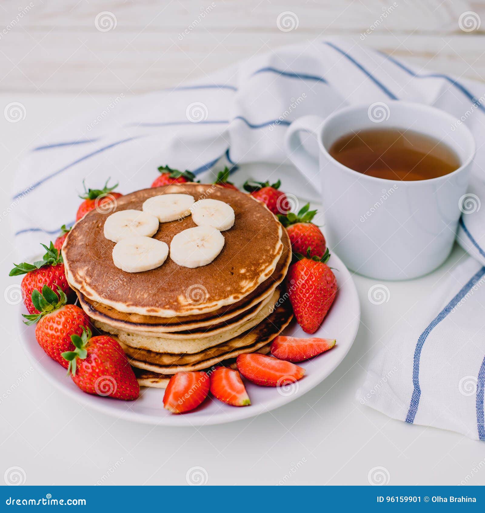 Healthy Breakfast. Pancakes with Strawberries, Bananas, Cup of Black ...