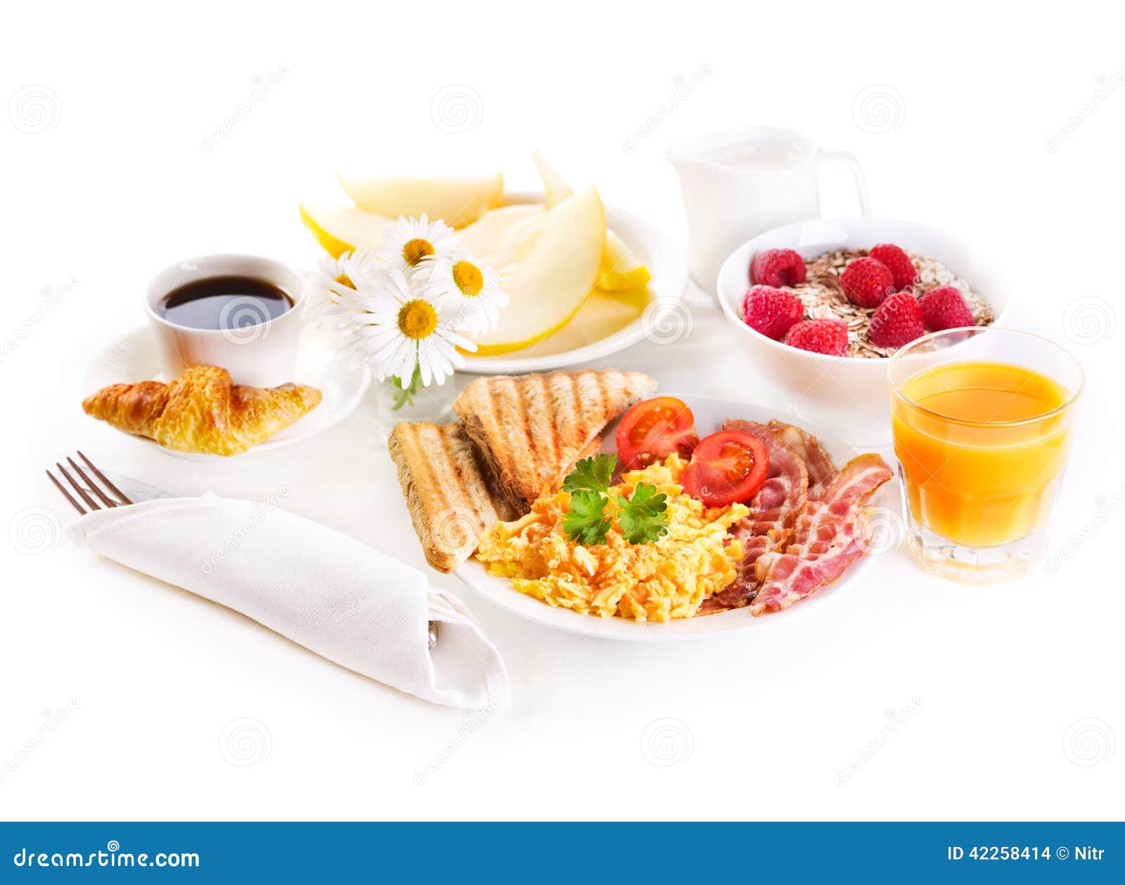 Healthy Breakfast with Scrambled Eggs, Juice and Fruits Stock Photo Image of muesli, meal