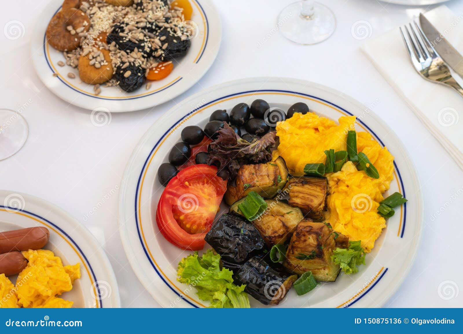 Healthy Breakfast with Scrambled Eggs, Vegetables and Dried Fruits Stock Photo Image of sesame