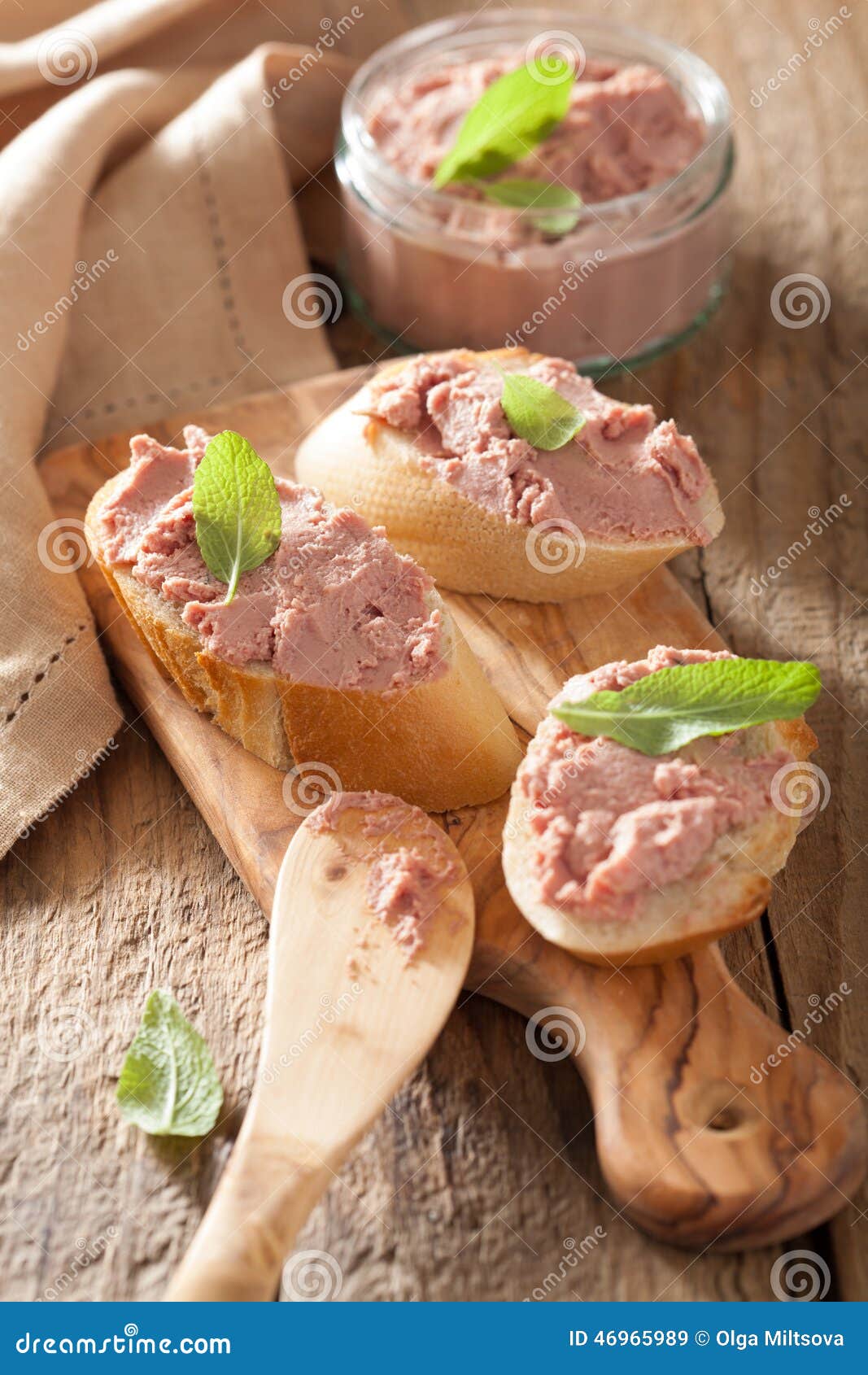 Healthy Chicken Liver Pate with Sage in Jar and on Bread Stock Image
