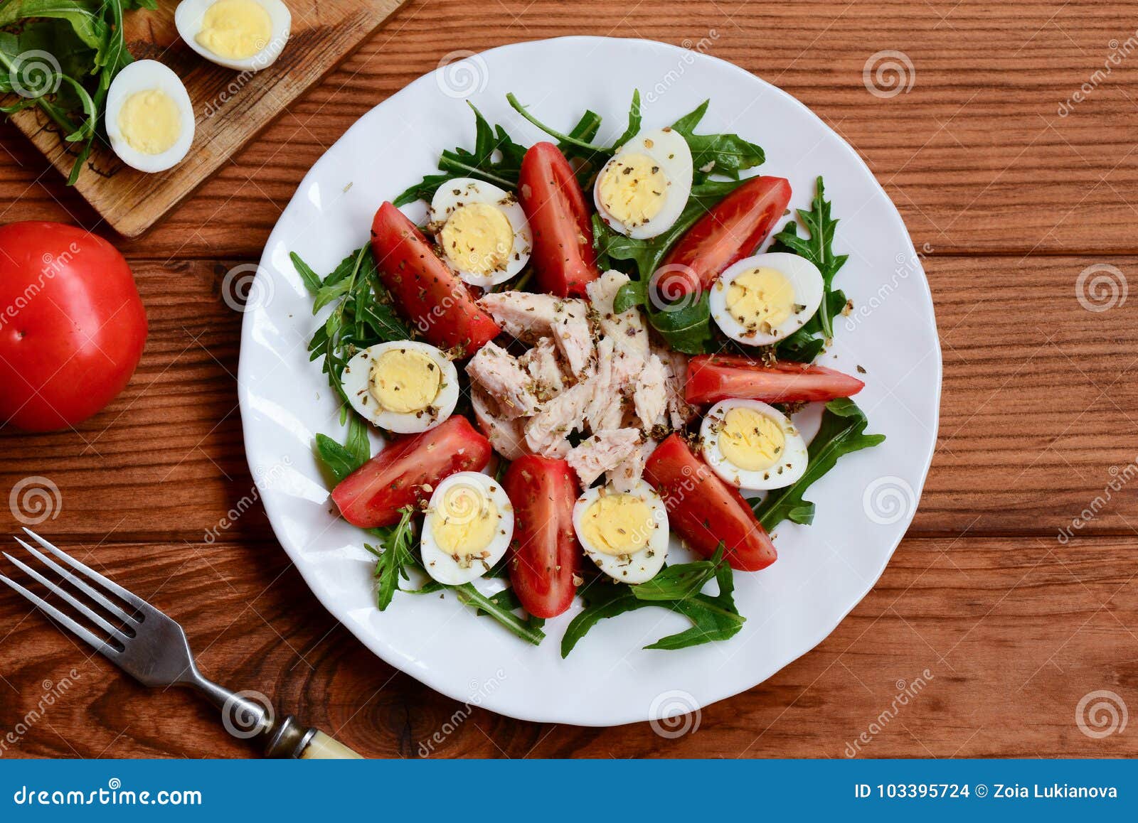 Healthy Chicken Vegetable Salad Homemade Salad With Fresh Tomatoes Arugula Quail Eggs Boiled Chicken Breast And Spices Stock Photo Image Of Dietary Arugula 103395724