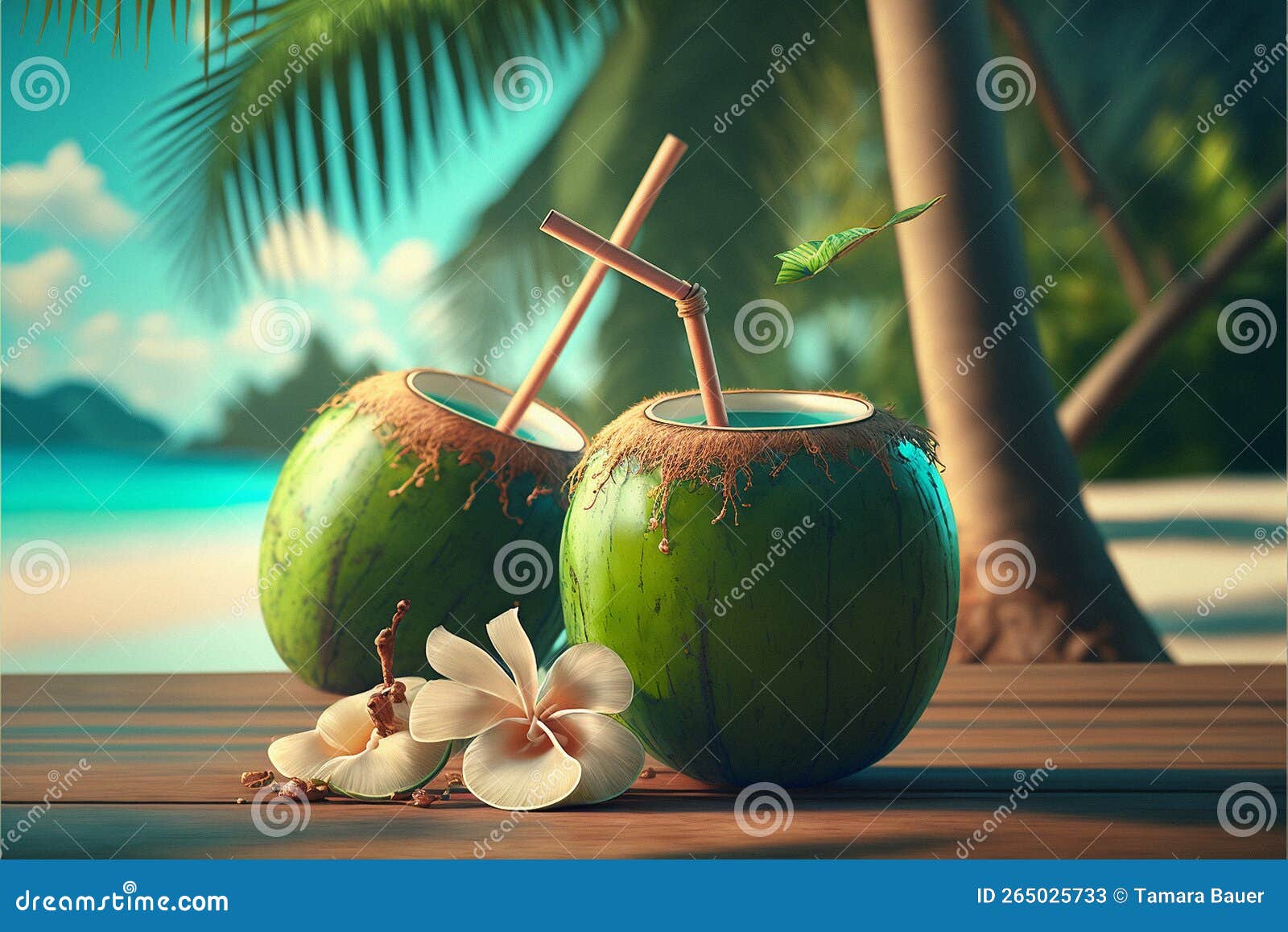 healthy coconuts on tropical beach background