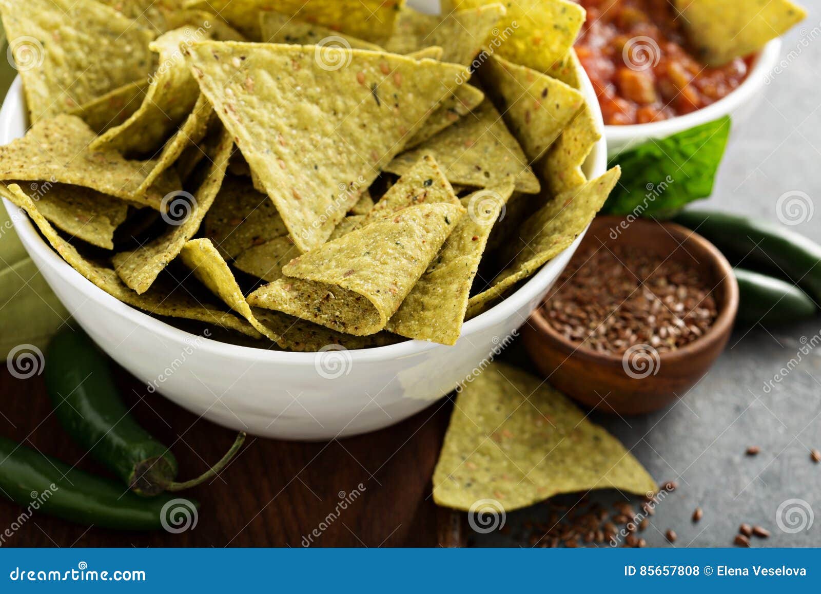 Healthy Corn Tortilla Chips with Spinach and Flax Seeds Stock Photo