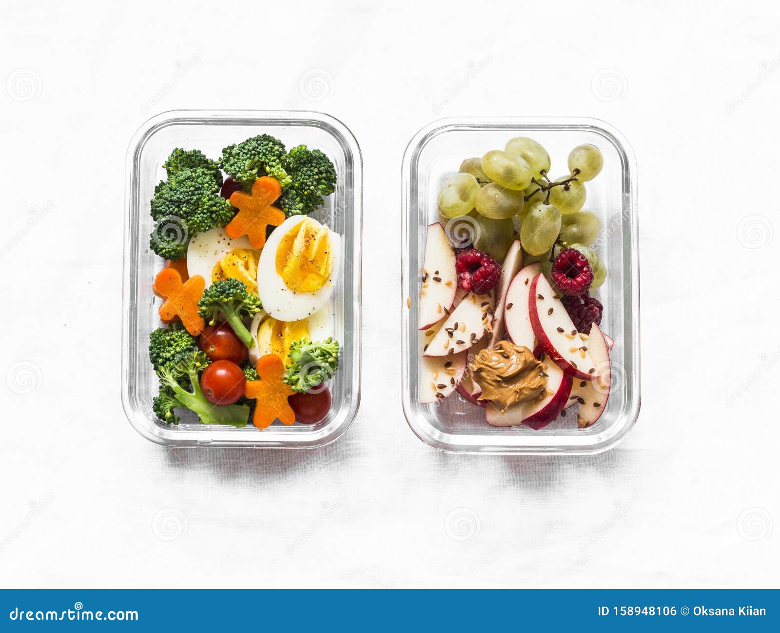 healthy diet snack, breakfast lunch box on light background, top view. boiled egg, fresh vegetables and fruits - tasty healthy
