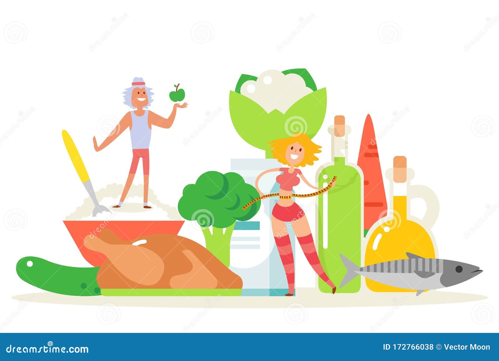 Healthy Diet Vector Illustration with Fitness Lifestyle and Health Concept.  Man and Woman Cartoon Characters Dieting on Stock Vector - Illustration of  calorie, girl: 172766038
