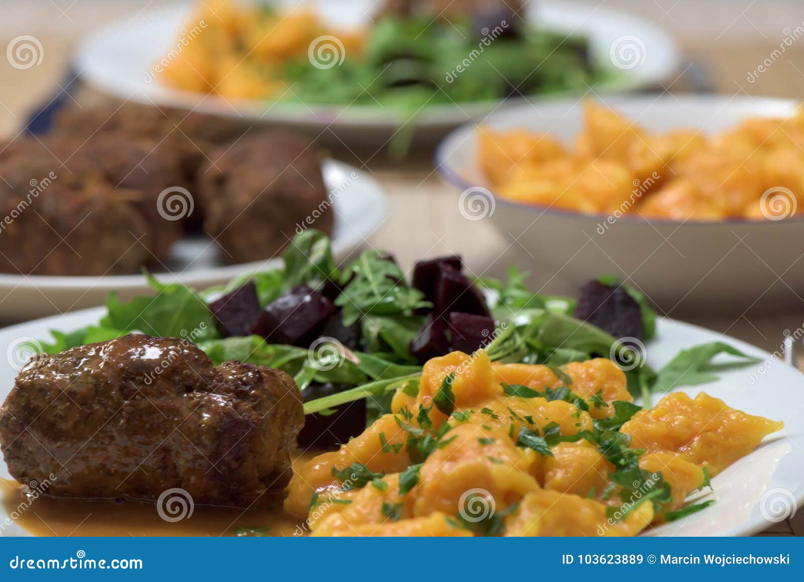 Healthy Dish - Roast Beef Roulade, Carrot Dumplings and Rucola S Stock