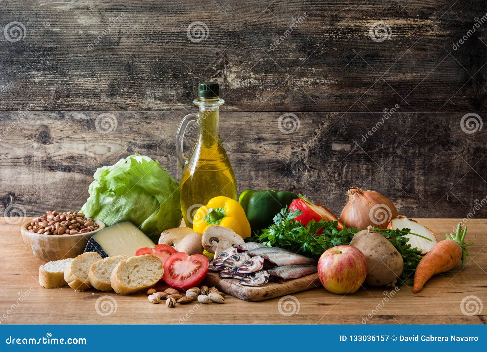 healthy eating. mediterranean diet. fruit,vegetables, grain, nuts olive oil and fish