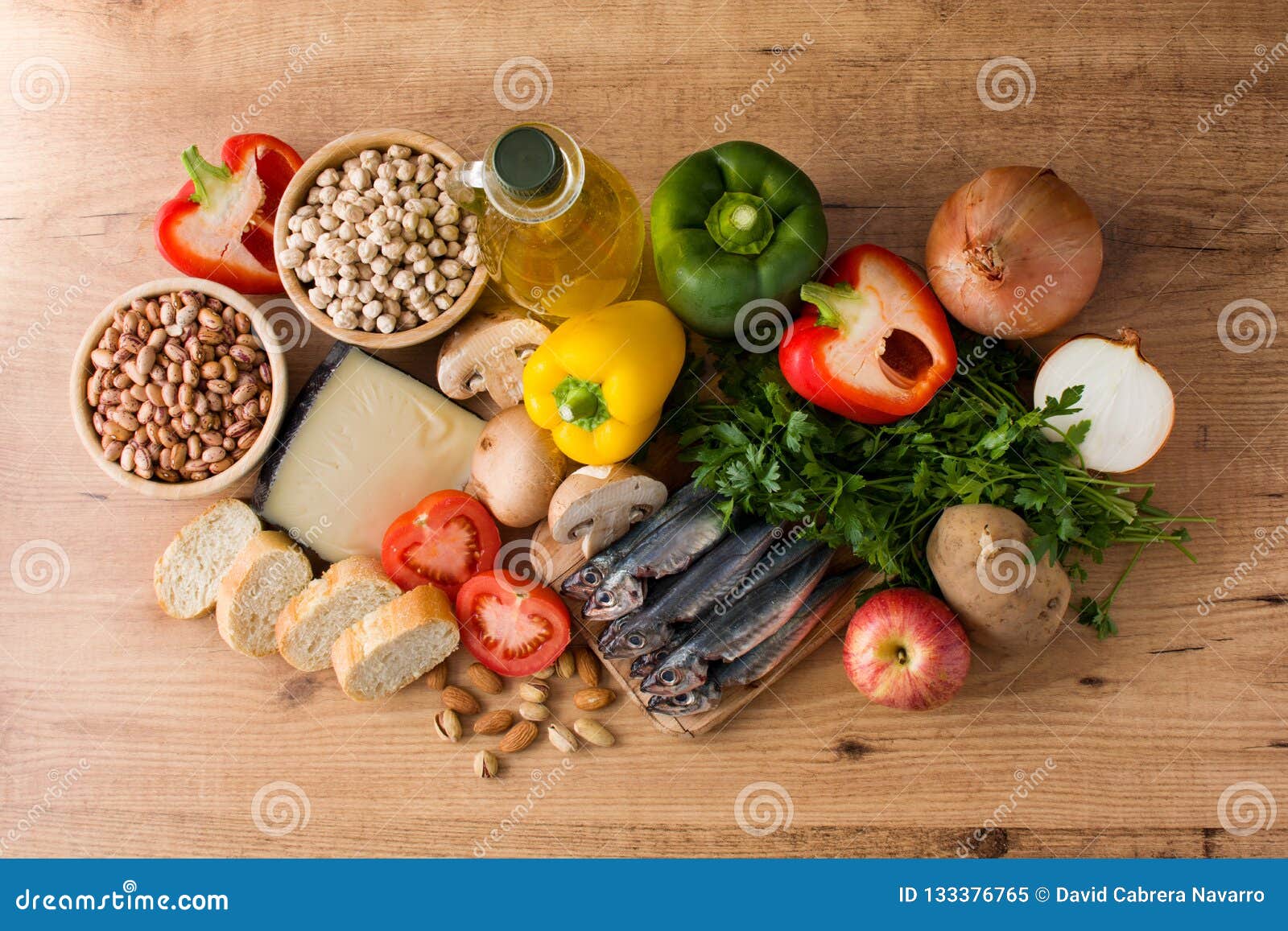 healthy eating. mediterranean diet. fruit,vegetables, grain, nuts olive oil and fish