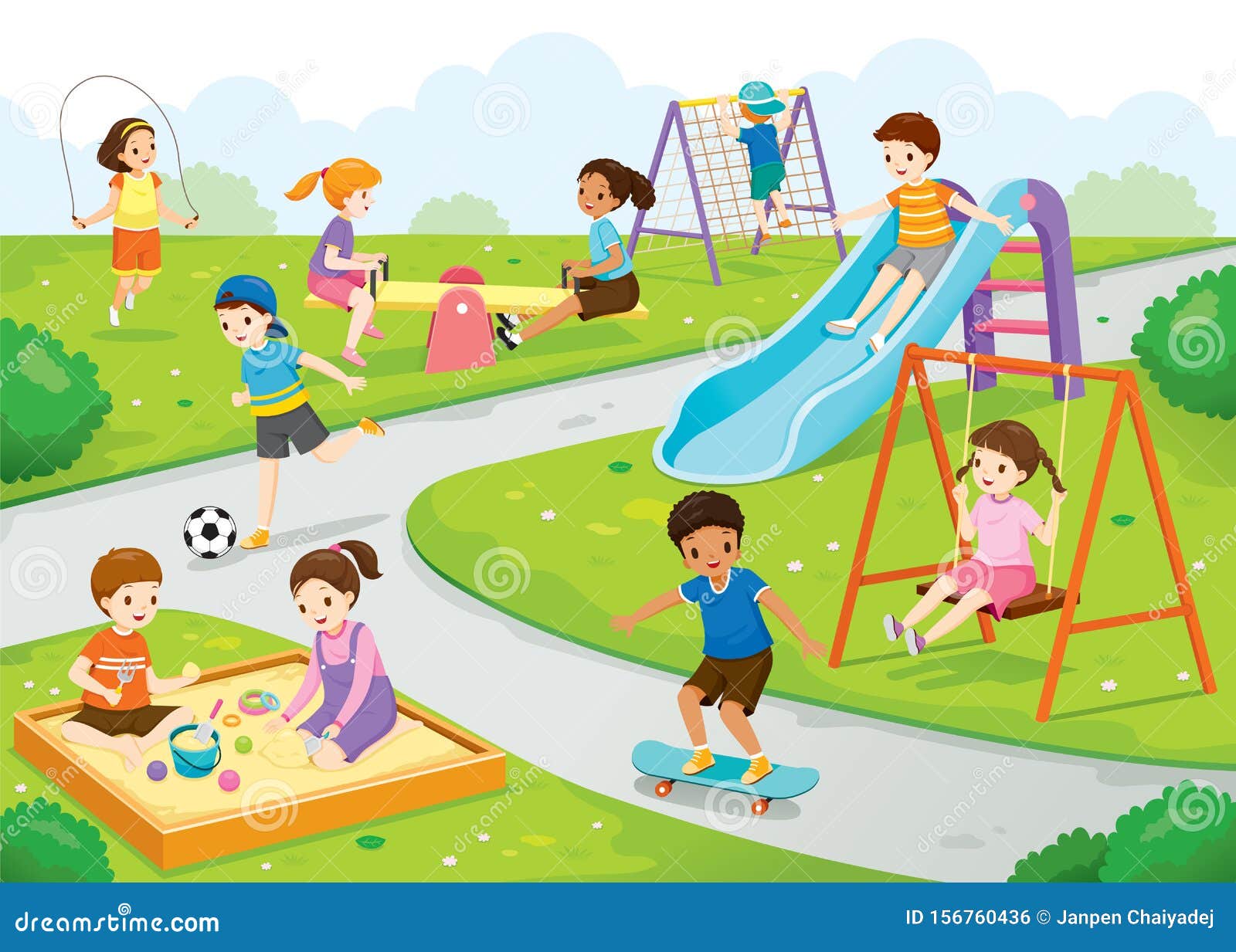 Happy Children Playing Joyfully On The Playground Vector Illustration ...