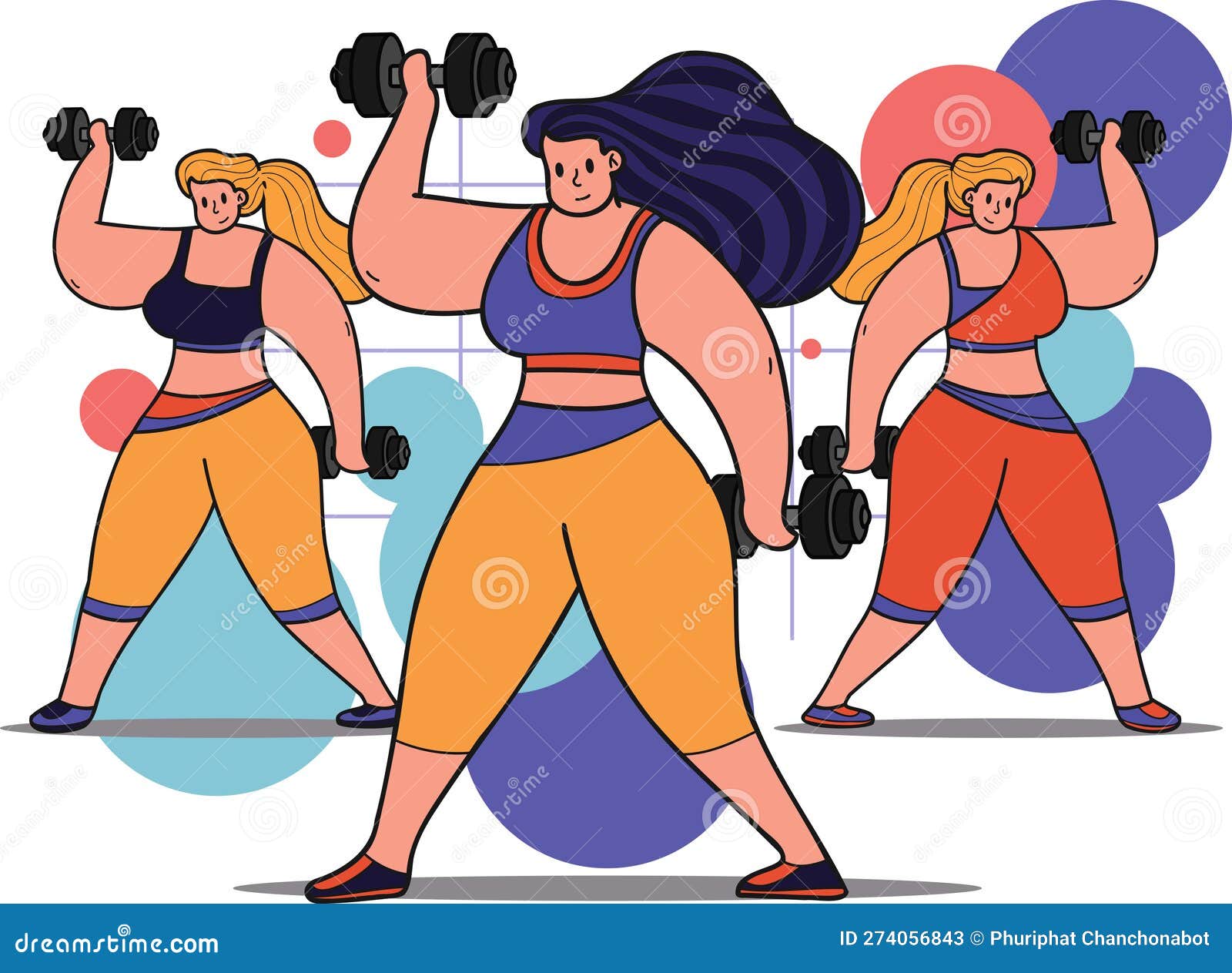 Healthy Fitness Girl Lifting Weights in Gym Illustration in Doodle