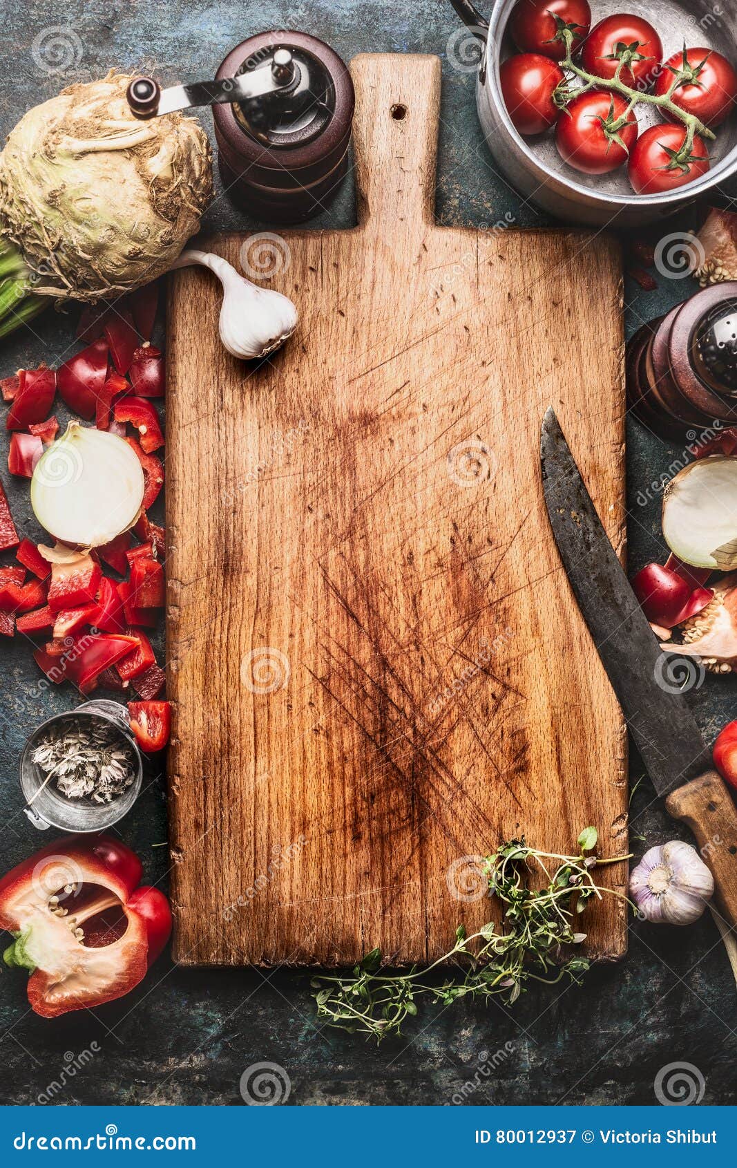 Healthy Food Background with Aged Cutting Board, Cooking Pot ...