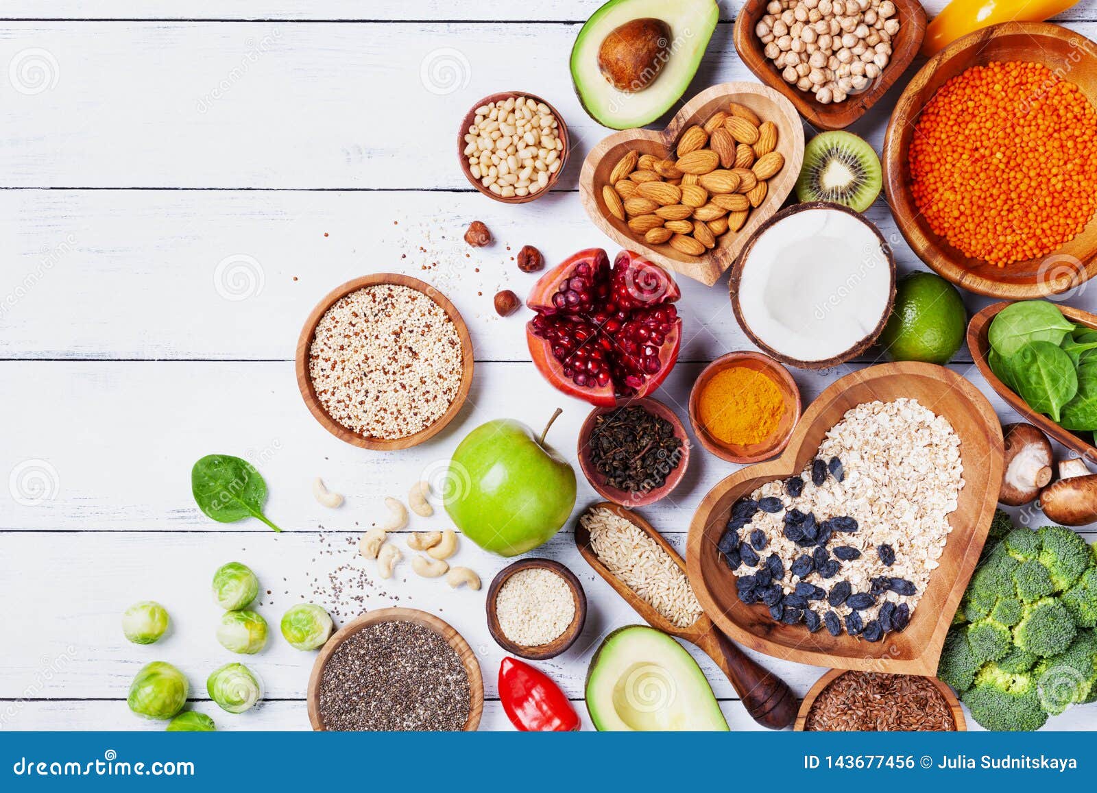 healthy food background from fruits, vegetables, cereal, nuts and superfood. dietary and balanced vegetarian eating products