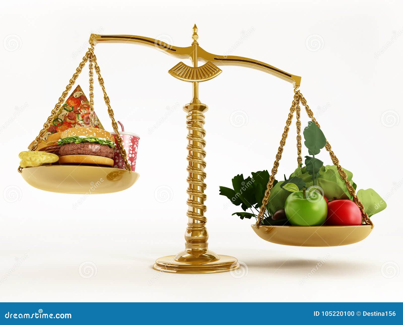 Healthy Food and Junk Food in Scales of a Balanced Scale. 3D