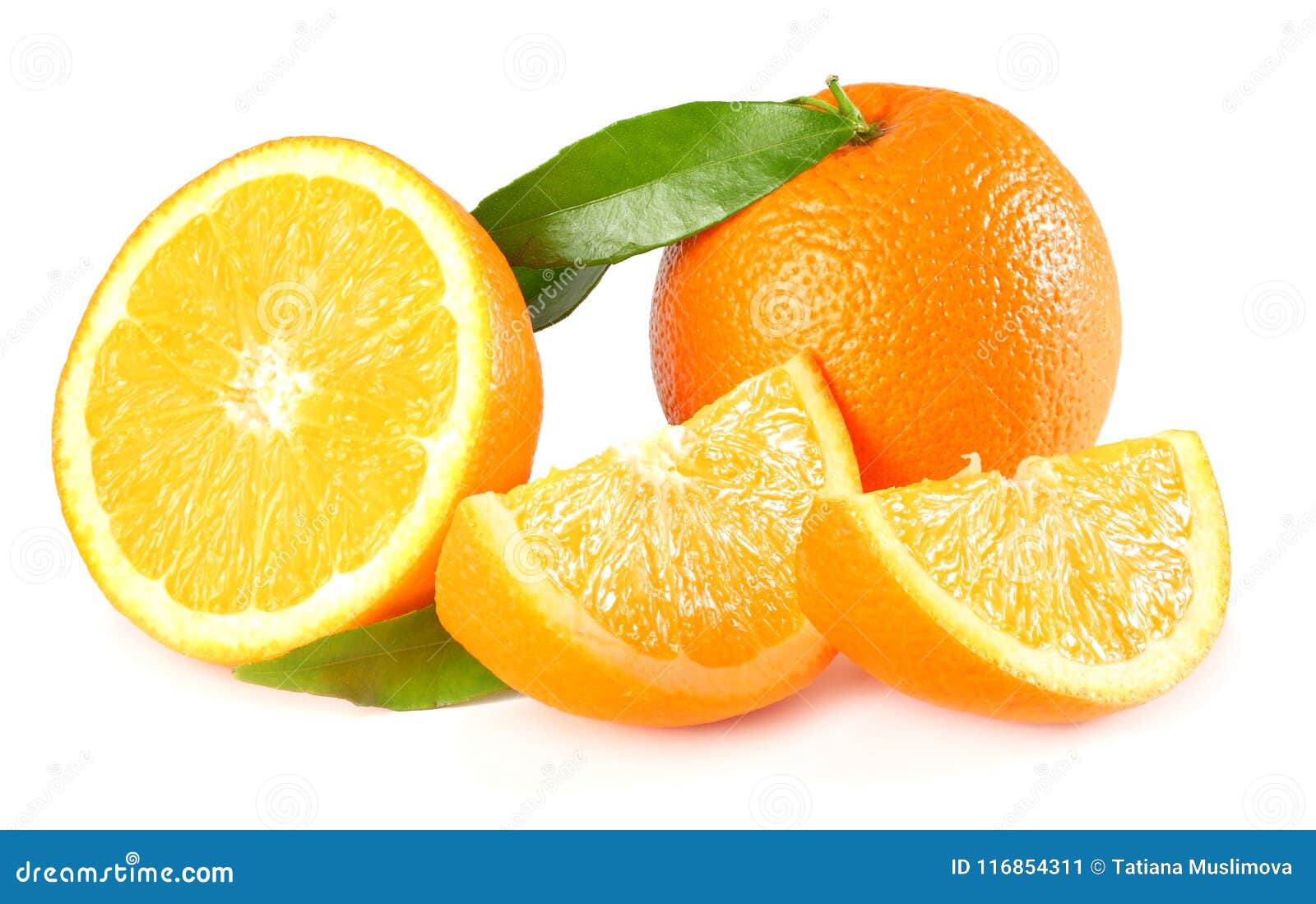 Healthy Food. Orange With Green Leaf Isolated On White Background Stock