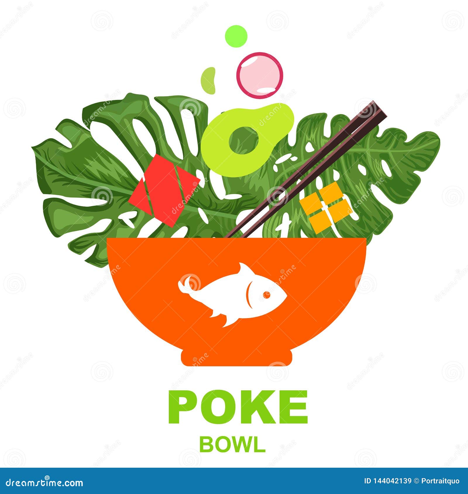 Healthy Food Poke Bowl and Palm Leaves on White Background. Stock