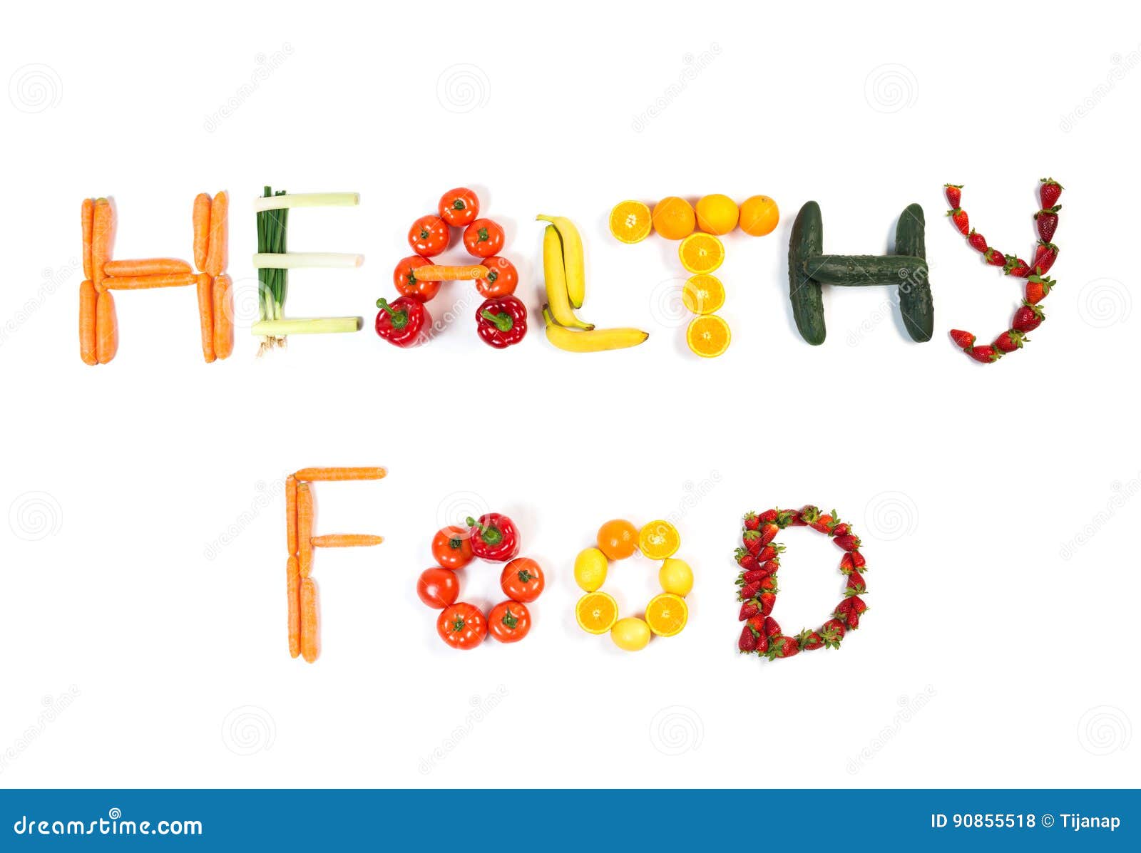 HEALTHY FOOD Text Made Out of Fruits and Vegetables Isolated on White ...