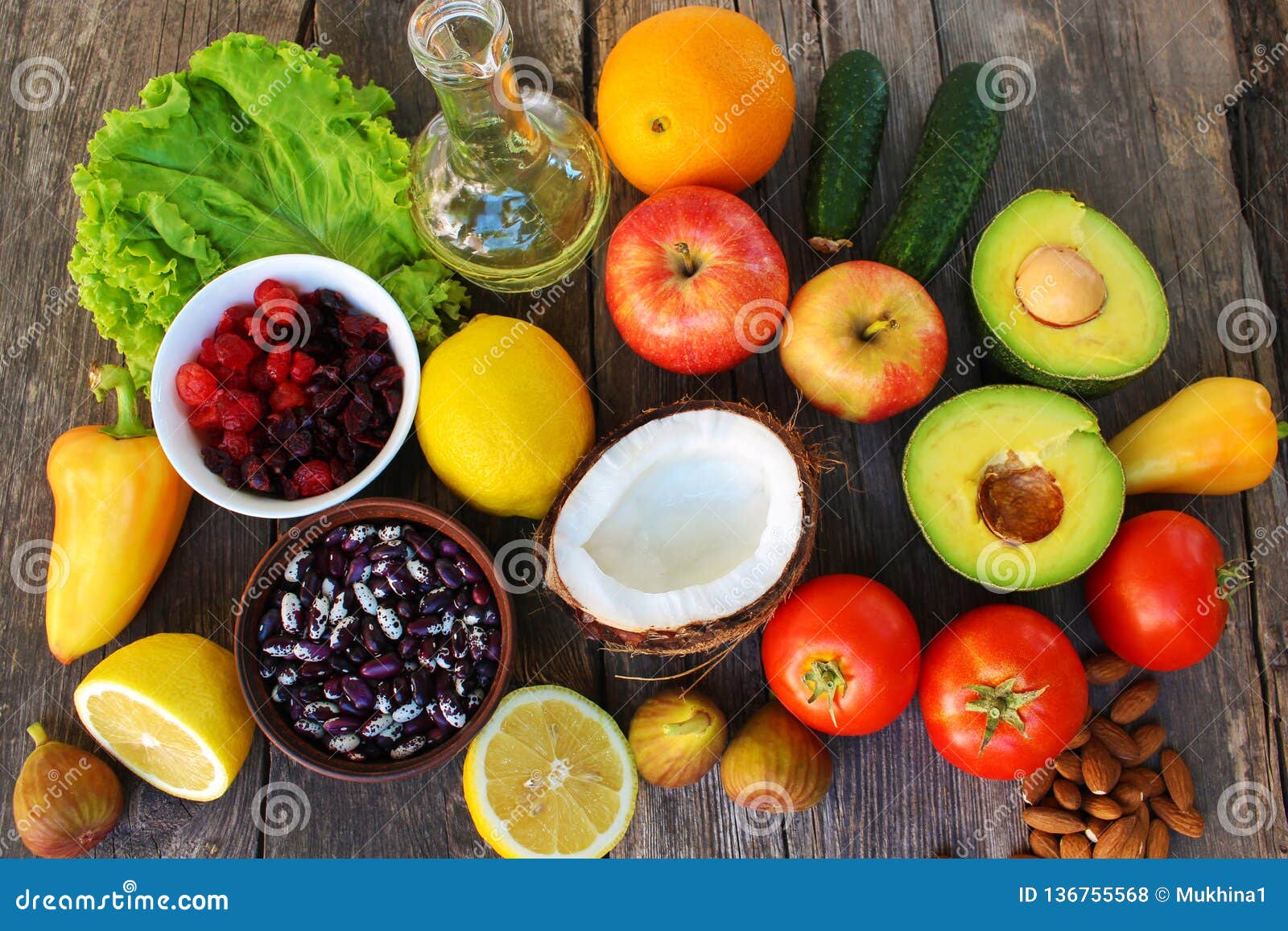 healthy food of vegetable origin on old wooden background. concept of proper nutrition.