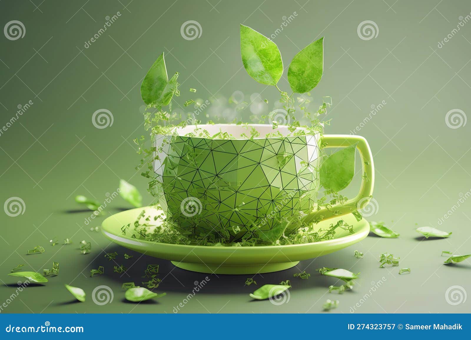 Healthy Green Tea Cup with Tea Leaves. Generative AI Stock Illustration