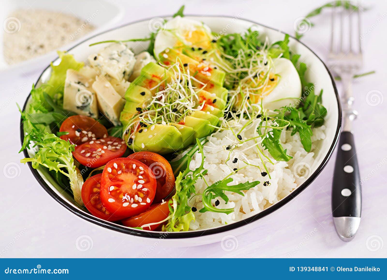 Healthy Green Vegetarian Buddha Bowl Lunch with Eggs, Rice, Tomato ...