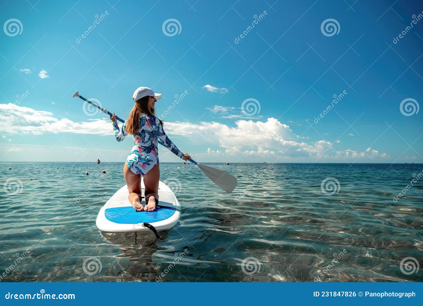 Healthy Happy Fit Woman in Bikini Relaxing on a Sup Surfboard, Floating ...