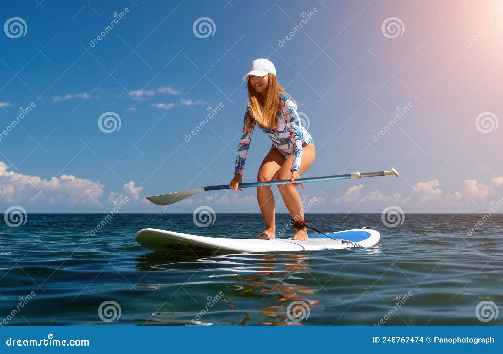 Healthy Happy Fit Woman in Bikini Relaxing on a Sup Surfboard, Floating ...