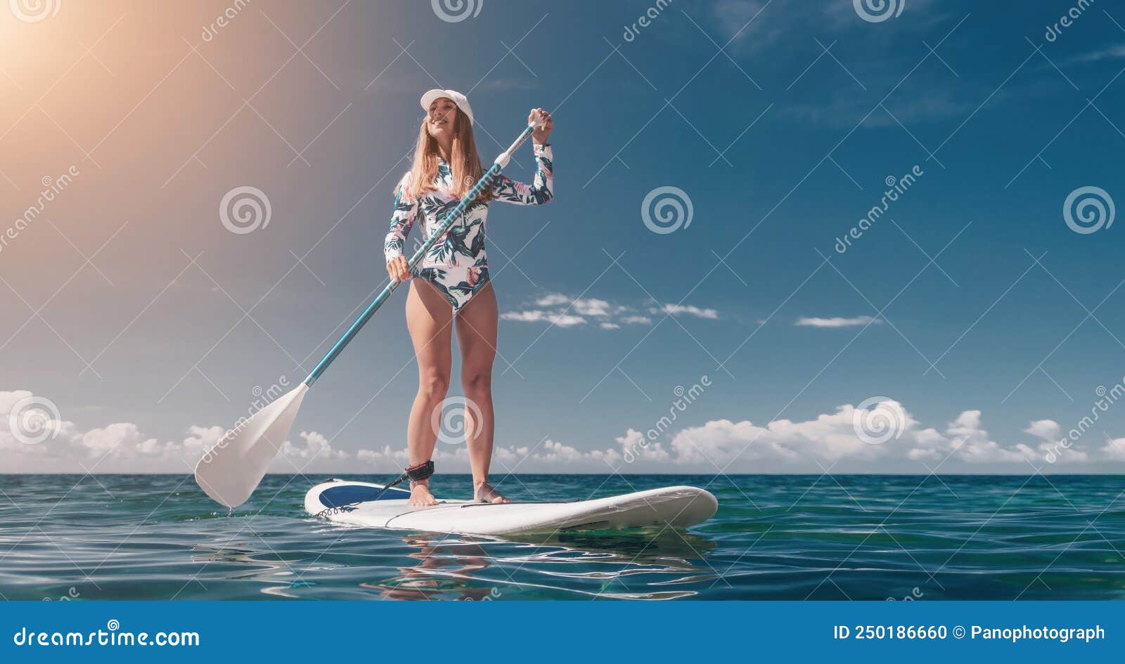 Healthy Happy Fit Woman in Bikini Relaxing on a Sup Surfboard, Floating ...