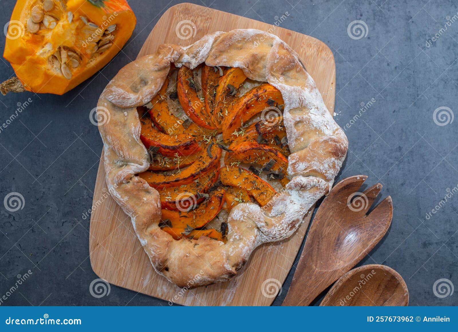 Healthy Home Made Pumpkin Galette with Caramelized Onion Stock Photo