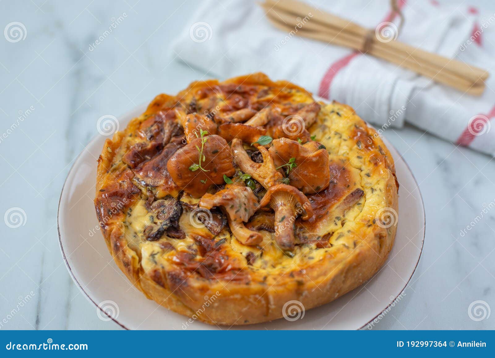 Home Made Quiche with Chanterelles on a Table Stock Photo Image of