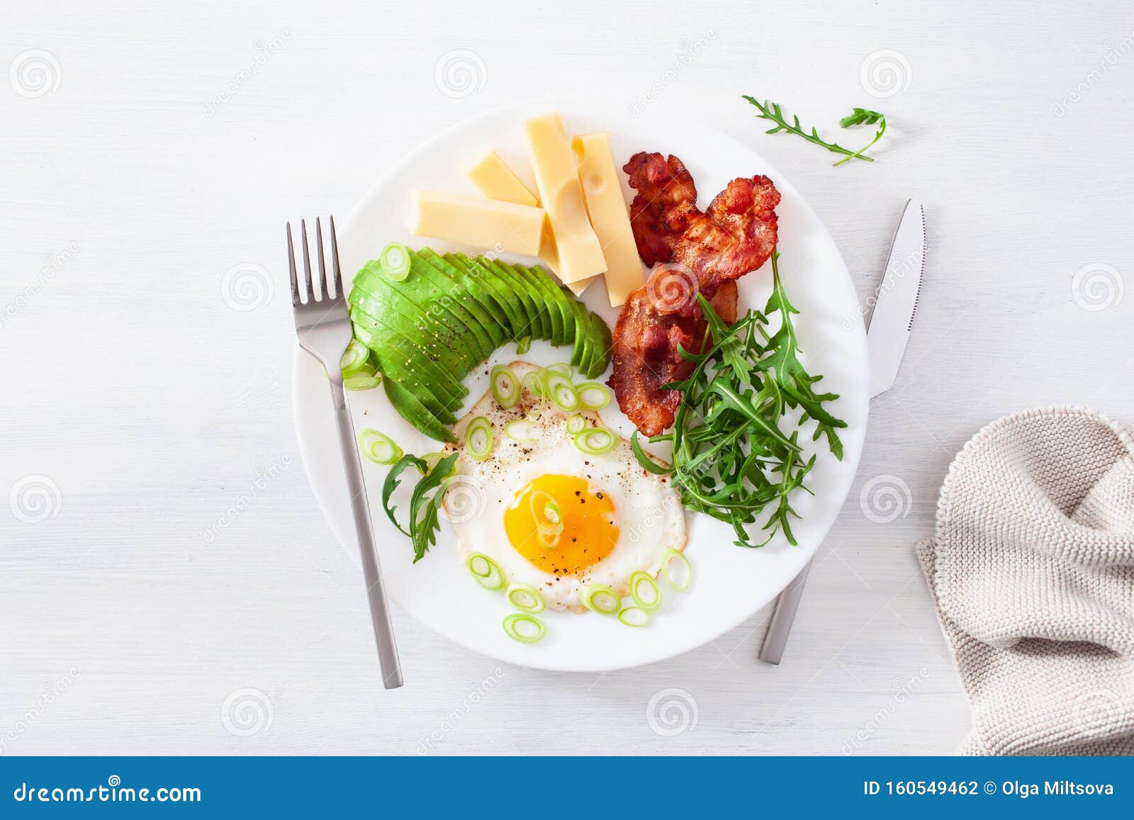 Healthy Keto Breakfast: Egg, Avocado, Cheese, Bacon Stock Photo - Image