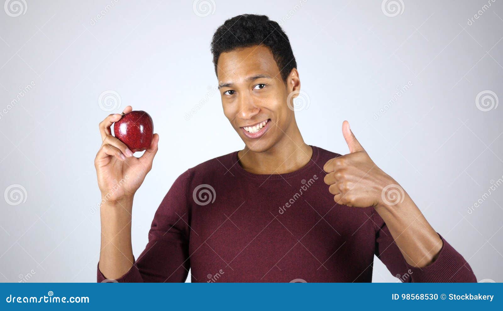 Healthy Lifestyle, Afro-American Man Showing Red Apple and Thumbs Up ...