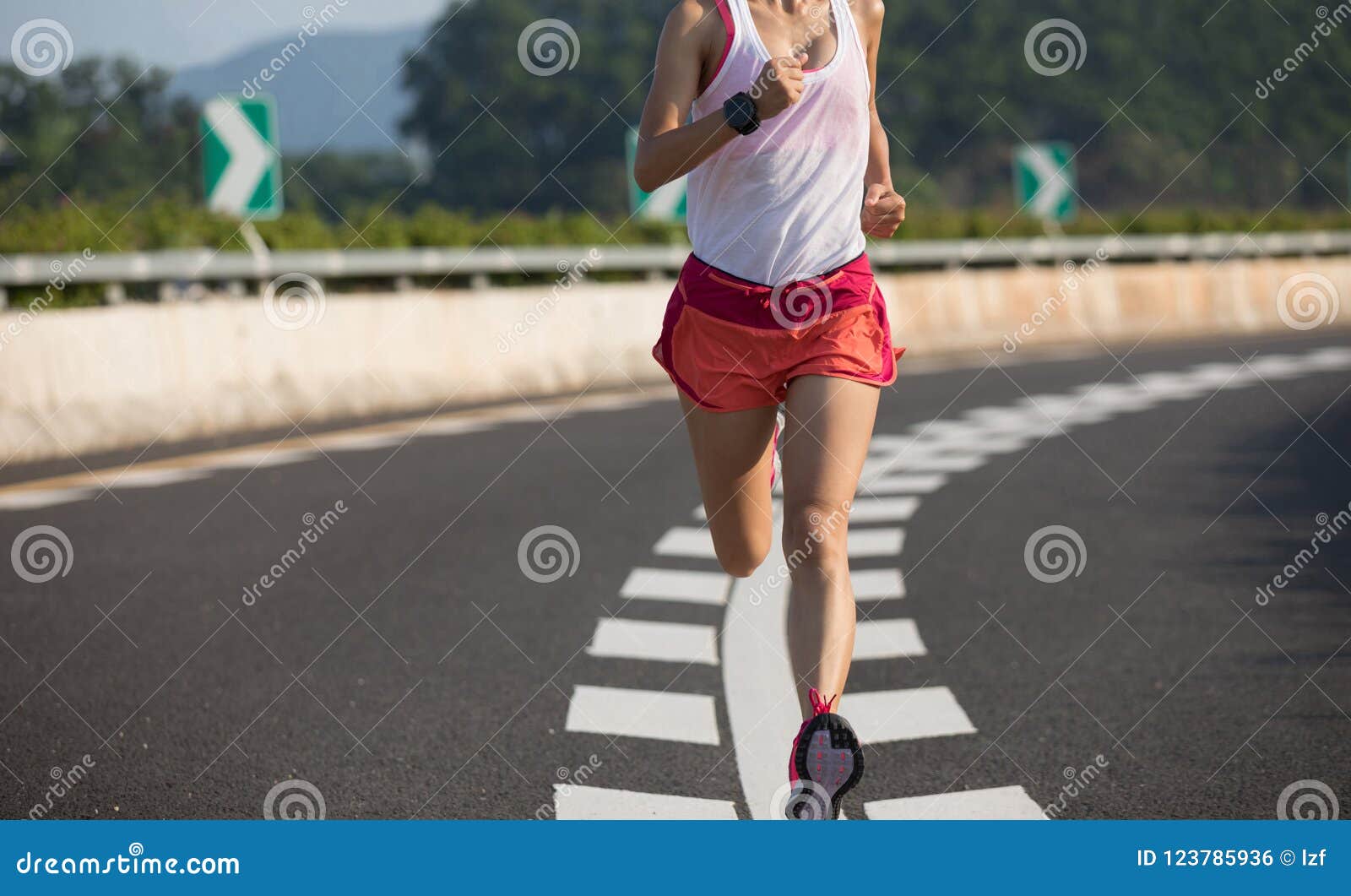 Fitness Woman Running on Highway Road Stock Photo - Image of active ...