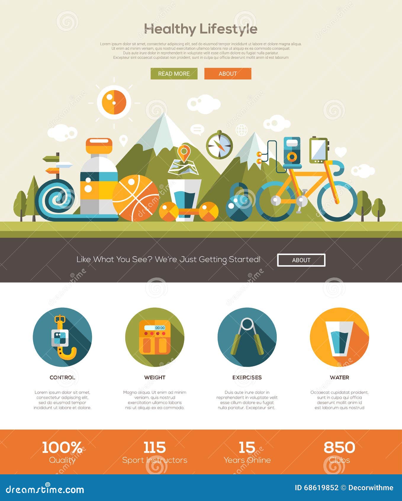 Healthy Lifestyle Website Template With Header And Icons ...