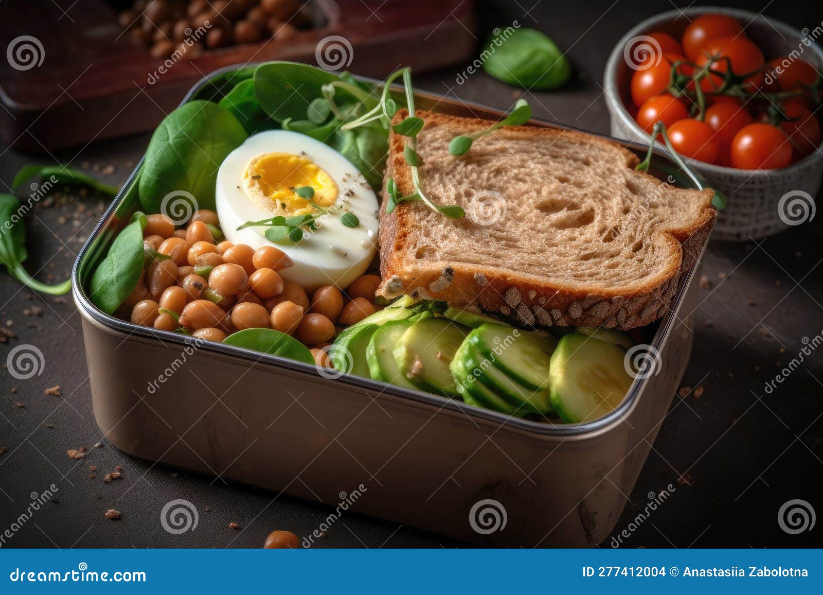 Healthy Lunch in Box with Avocado, Chickpeas, Egg and Bread. Generative