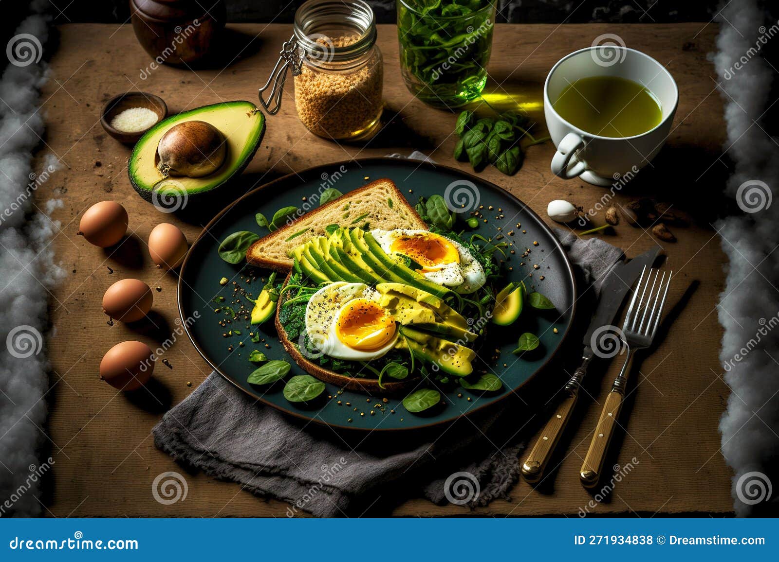 Healthy Lunch with Toast with Avocado and Eggs Stock Illustration