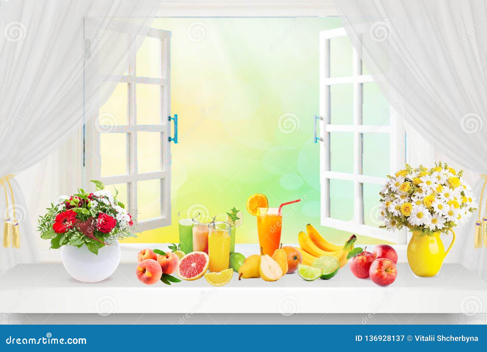 Healthy Morning, Assortment Of Fruit Smoothies Against A Open Window ... Open Window At Morning
