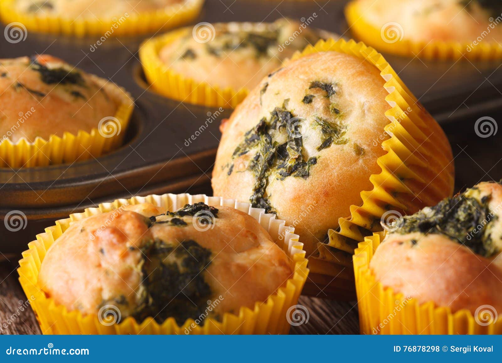 Healthy Muffins with Spinach and Feta Cheese Macro. Horizontal Stock