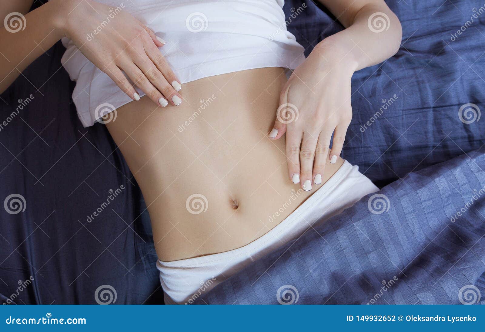 Healthy Nutrition And Belly Health Concept Close Up Of Woman Flat Stomach Girl In Bed With