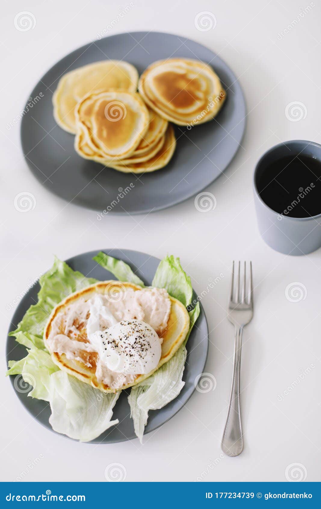 Healthy Nutritious Tasty Breakfast. Pancakes, Poached Egg on ...