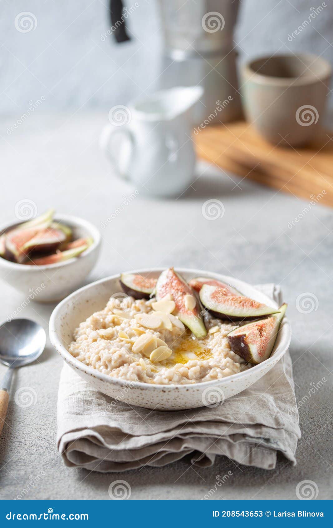 Healthy Oatmeal with Figs. Coffee, Oatmeal Breakfast Concept Stock