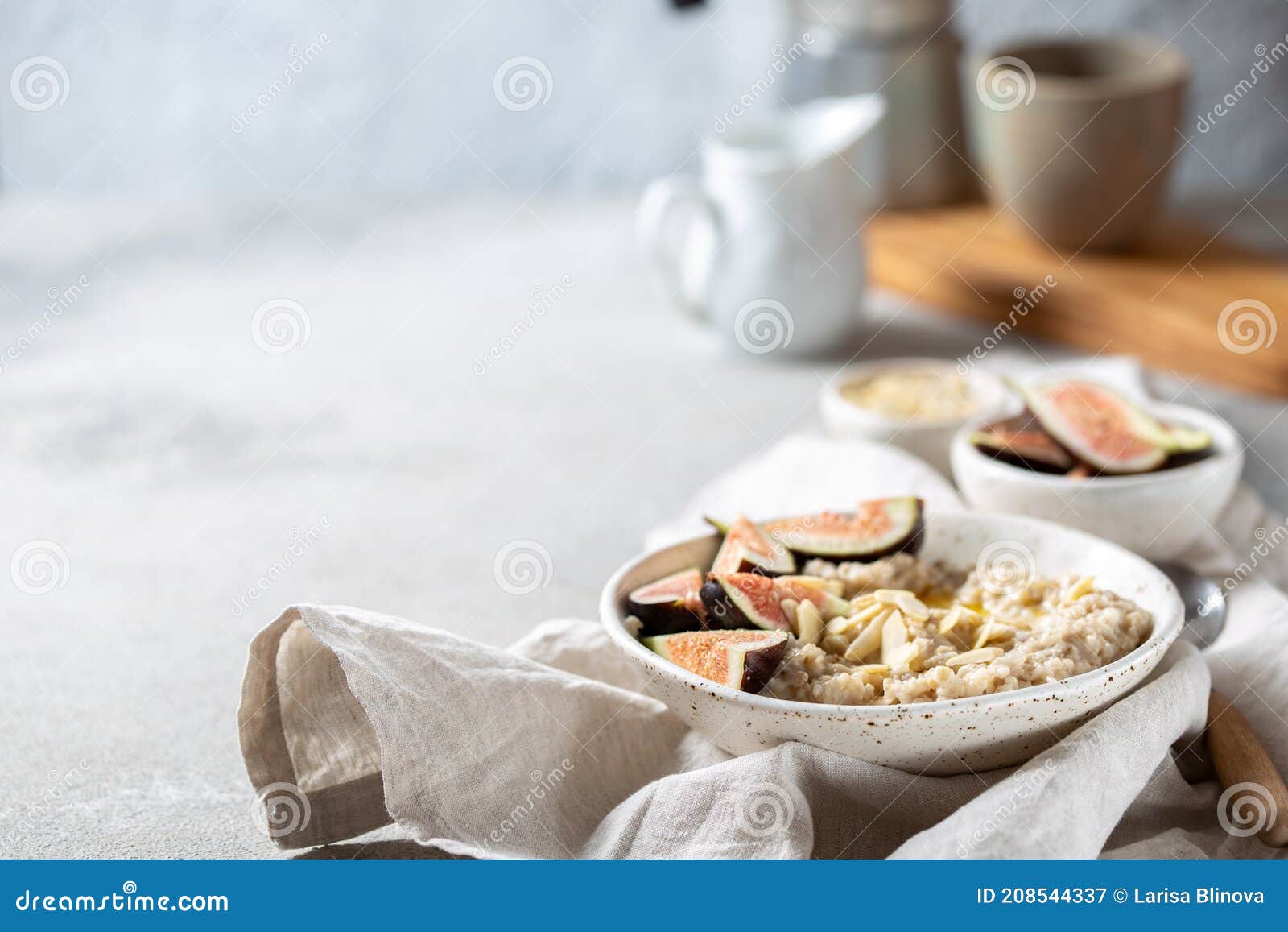 Healthy Oatmeal with Figs. Coffee, Oatmeal Breakfast Concept Stock