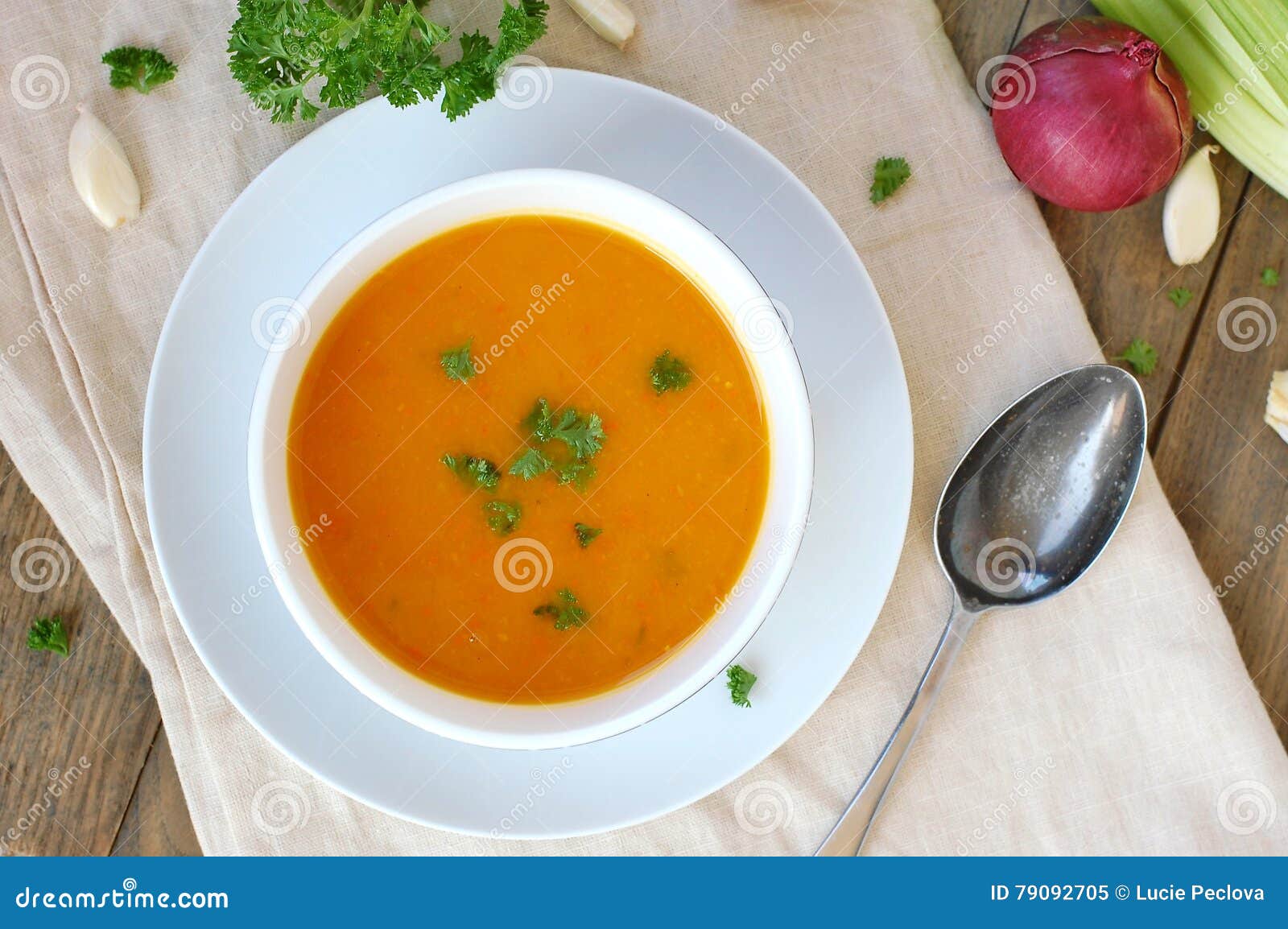 Healthy Orange Soup from Pumpkin Hokaido, Green Celery, Garlic, Onion ...