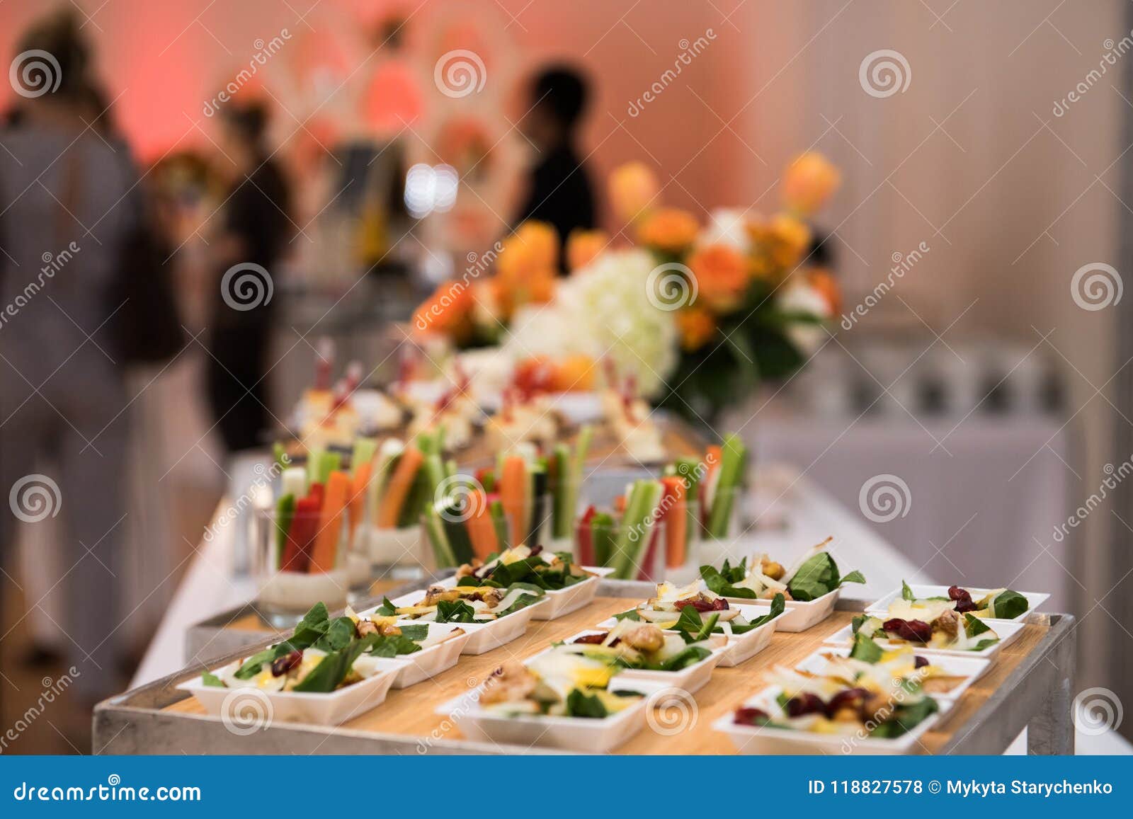 healthy organic gluten-free delicious green snacks salads on catering table during corporate event partyÃÅ½