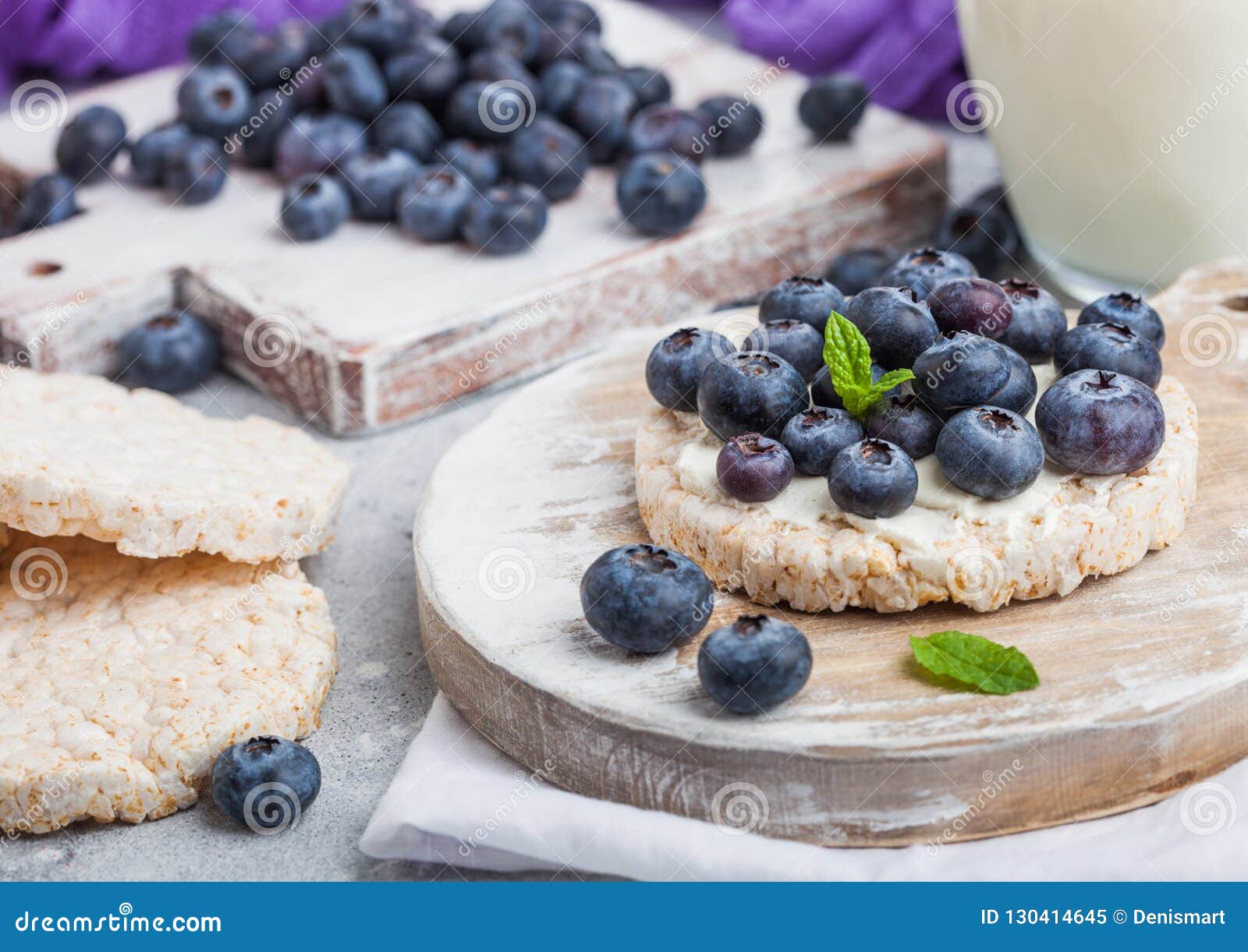 Healthy Organic Rice Cakes with Ricotta and Fresh Blueberries on Wooden ...