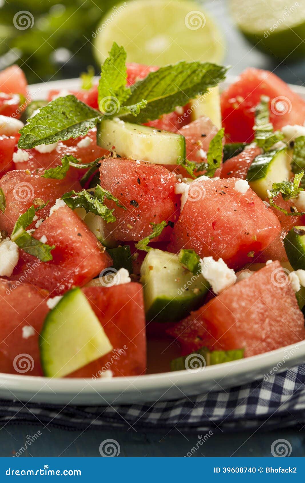 Healthy Organic Watermelon Salad with Mint, Feta, and Cucumber