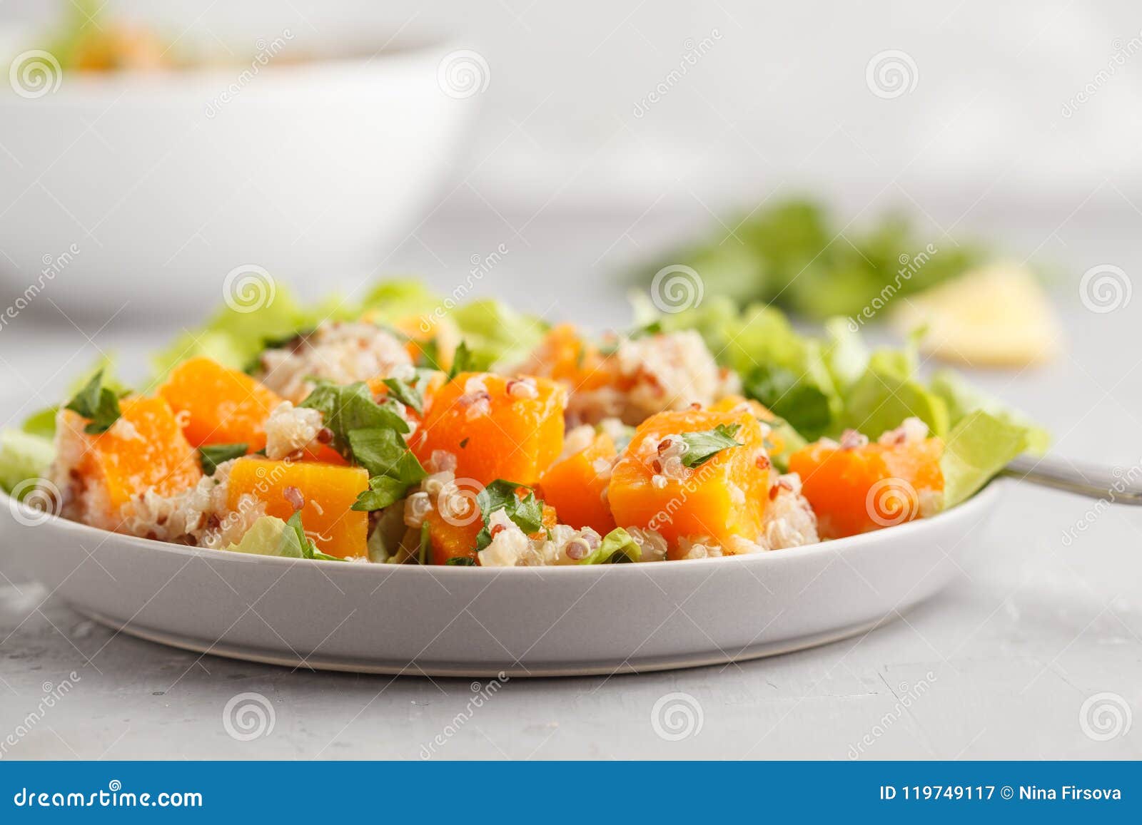 Healthy Quinoa Salad with Roasted Pumpkin and Greens, Macro. Sup Stock ...